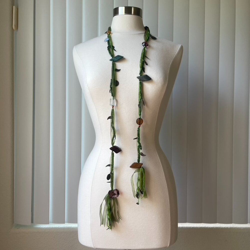 Green Multi-material waist chain and necklace with heavy-duty bead stringing  In